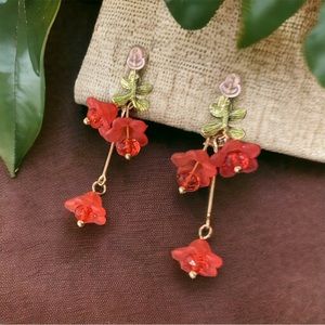 Red Flower Pendant Elegant Dangle Earrings Boho‎ Minimalist Style Resin Jewelry